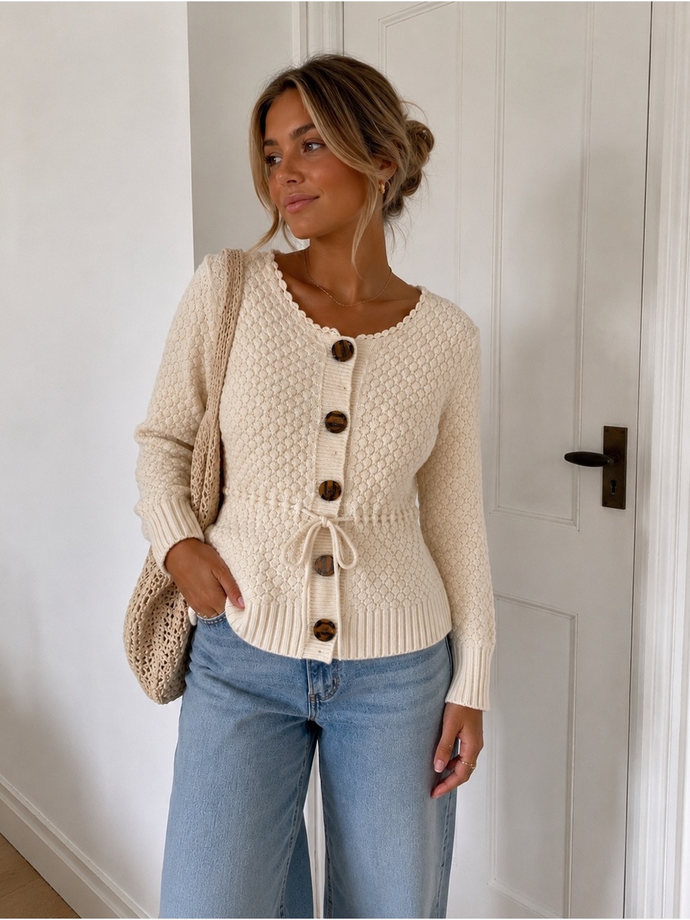 The Limited Ivory Wool Blend Bubble Knit Cardigan Sweater L Coquette Cottagecore
